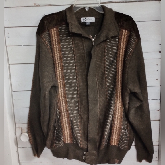 Silversilk Cardigan Mens XL Zip Up Retro Grandpa Sweater Chunky Houndsthooth - Picture 1 of 12